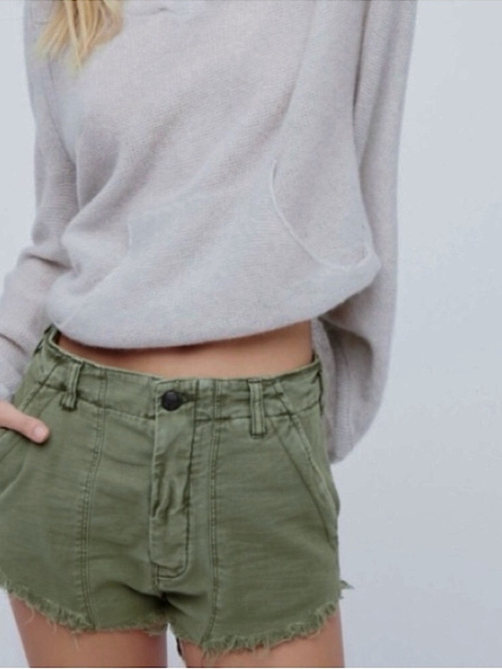 Free People Raw and Patched Frayed Standoff Shorts in Olive Green size 10